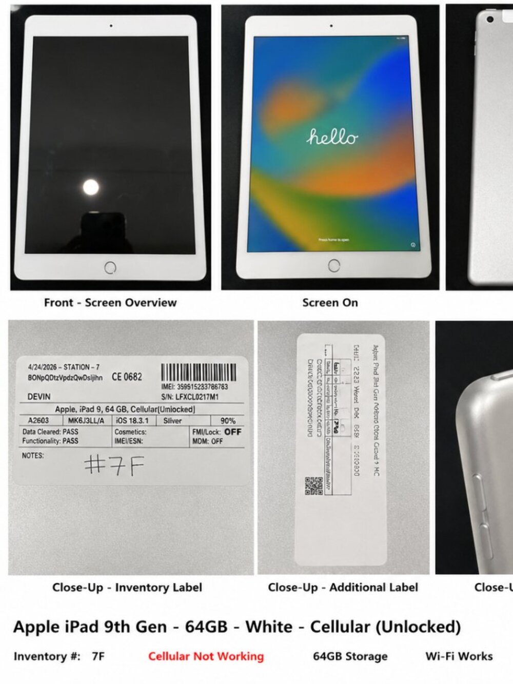 Apple iPad 9th Gen 64GB Cellular + Wi-Fi Unlocked - #7F